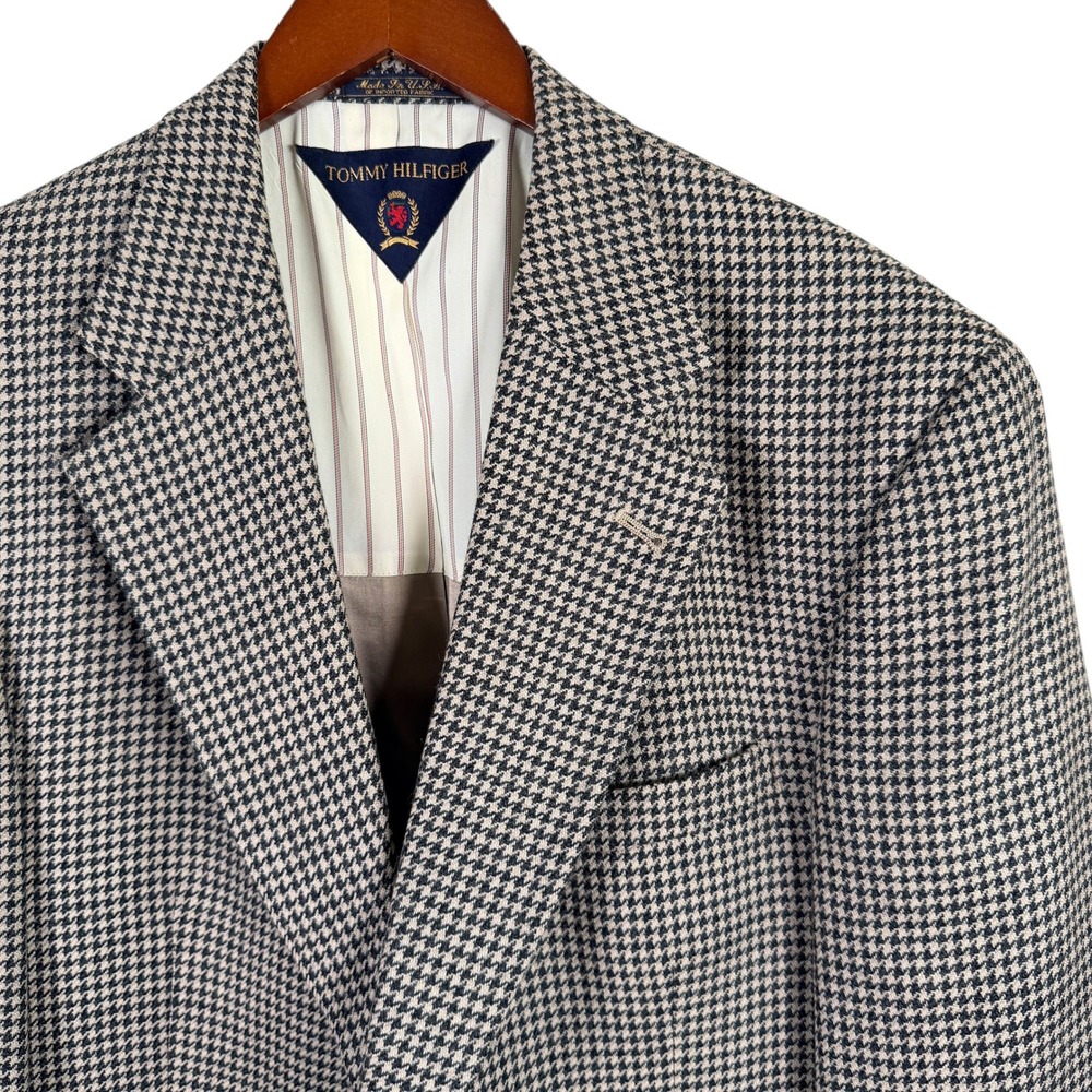 Vintage USA Tommy Hilfiger Houndstooth Sport Coat Blazer Wool Mens 43R Tan